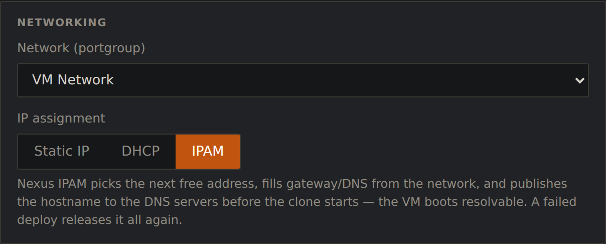 The deployer's IPAM address mode selected in the deploy form